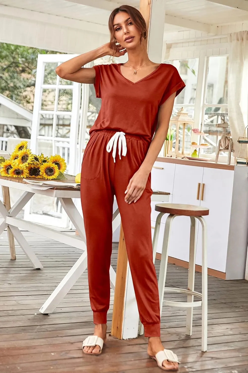 PRETTYGARDEN Women's Two Piece Tracksuit Casual Summer V Neck Short Sleeve Tops Drawstring Jogger Pants Lounge Outfit Sets