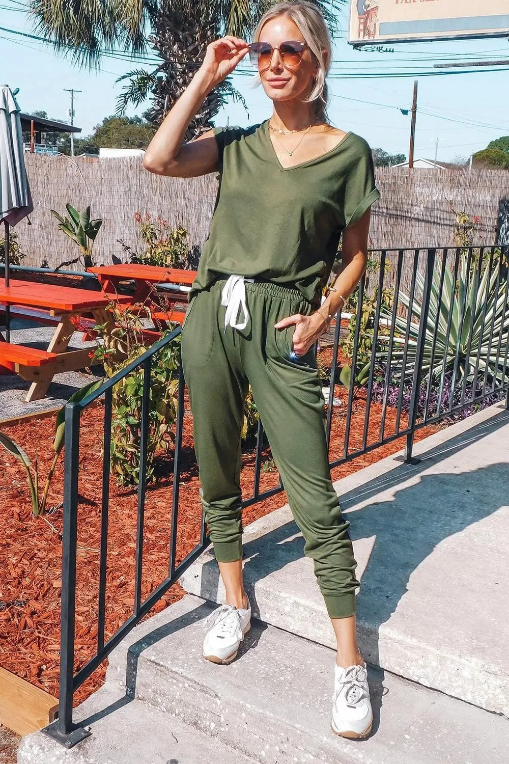PRETTYGARDEN Women's Two Piece Tracksuit Casual Summer V Neck Short Sleeve Tops Drawstring Jogger Pants Lounge Outfit Sets