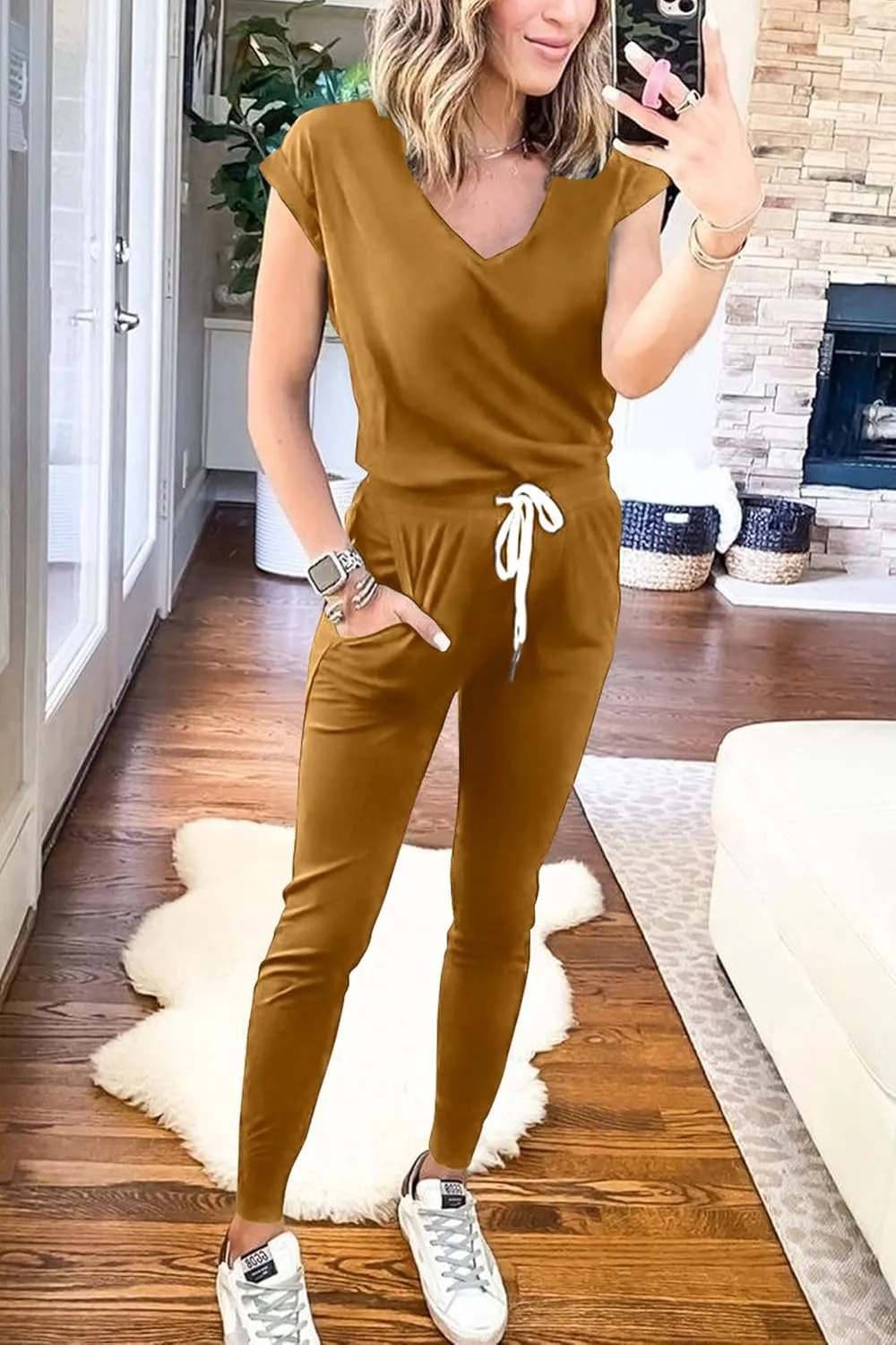 PRETTYGARDEN Women's Two Piece Tracksuit Casual Summer V Neck Short Sleeve Tops Drawstring Jogger Pants Lounge Outfit Sets