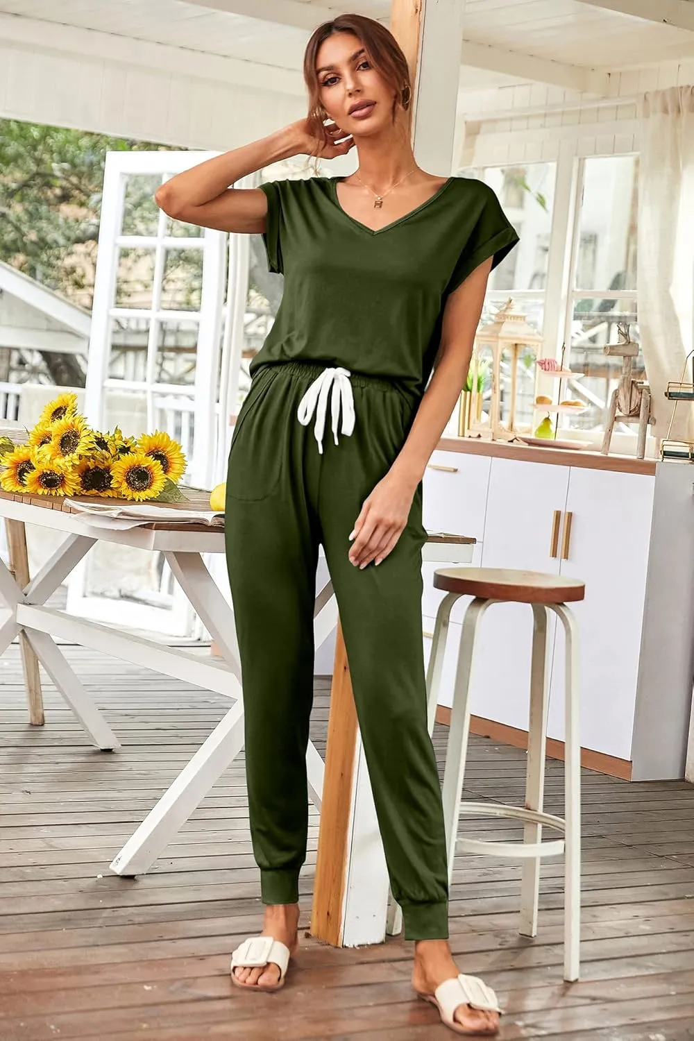 PRETTYGARDEN Women's Two Piece Tracksuit Casual Summer V Neck Short Sleeve Tops Drawstring Jogger Pants Lounge Outfit Sets