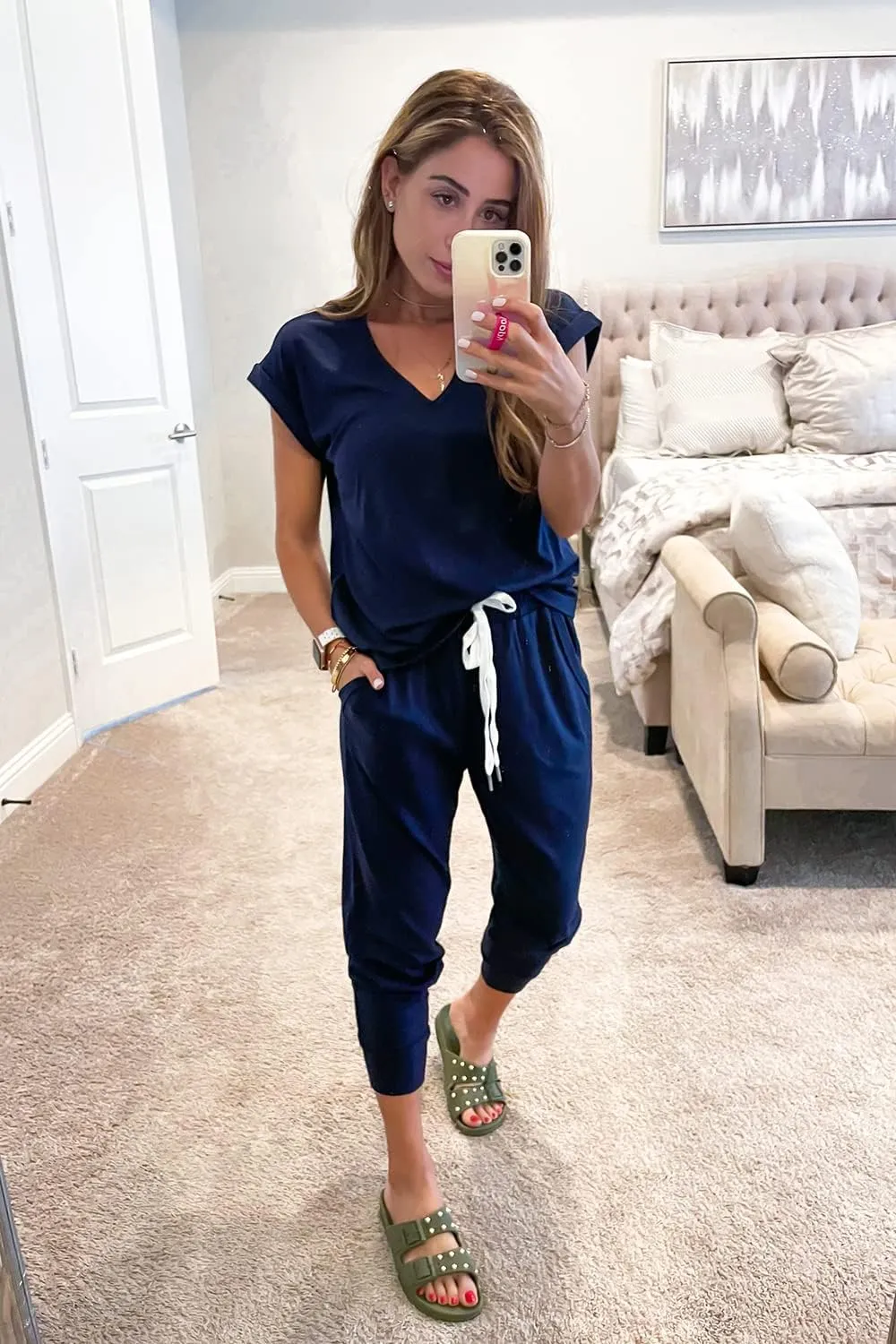 PRETTYGARDEN Women's Two Piece Tracksuit Casual Summer V Neck Short Sleeve Tops Drawstring Jogger Pants Lounge Outfit Sets