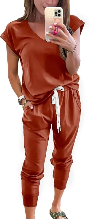 PRETTYGARDEN Women's Two Piece Tracksuit Casual Summer V Neck Short Sleeve Tops Drawstring Jogger Pants Lounge Outfit Sets