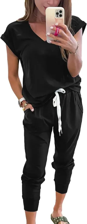 PRETTYGARDEN Women's Two Piece Tracksuit Casual Summer V Neck Short Sleeve Tops Drawstring Jogger Pants Lounge Outfit Sets