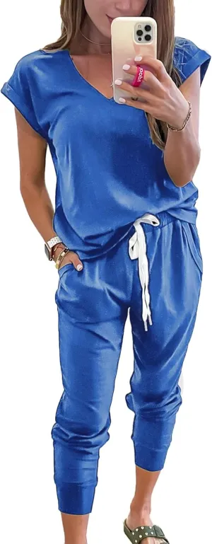 PRETTYGARDEN Women's Two Piece Tracksuit Casual Summer V Neck Short Sleeve Tops Drawstring Jogger Pants Lounge Outfit Sets