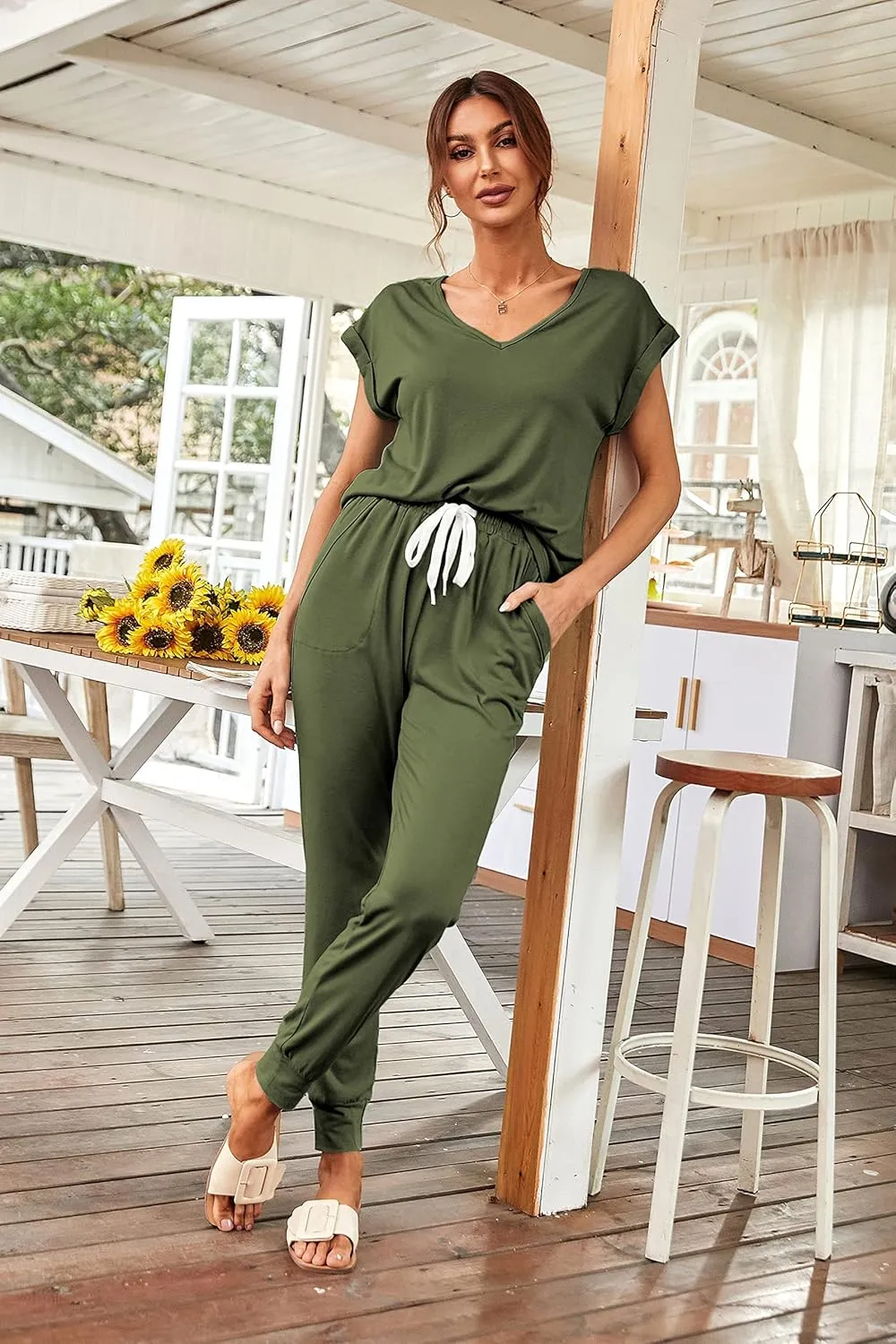 PRETTYGARDEN Women's Two Piece Tracksuit Casual Summer V Neck Short Sleeve Tops Drawstring Jogger Pants Lounge Outfit Sets