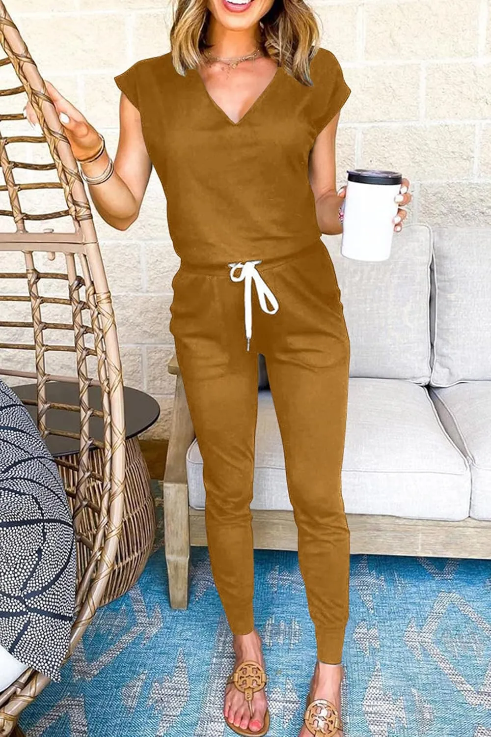 PRETTYGARDEN Women's Two Piece Tracksuit Casual Summer V Neck Short Sleeve Tops Drawstring Jogger Pants Lounge Outfit Sets