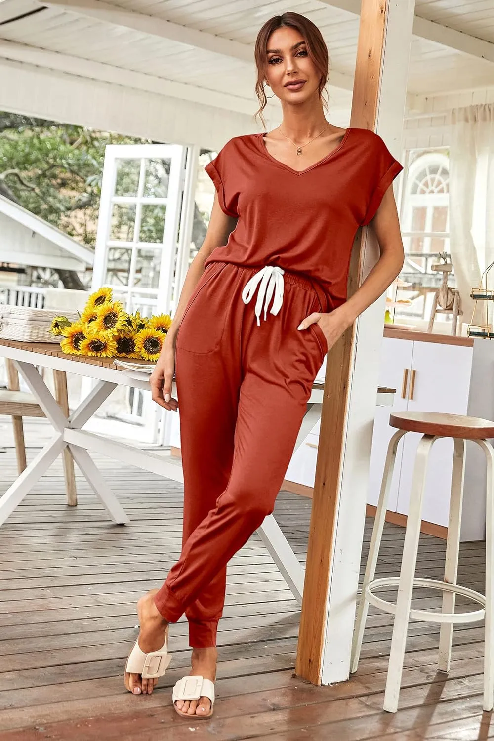 PRETTYGARDEN Women's Two Piece Tracksuit Casual Summer V Neck Short Sleeve Tops Drawstring Jogger Pants Lounge Outfit Sets