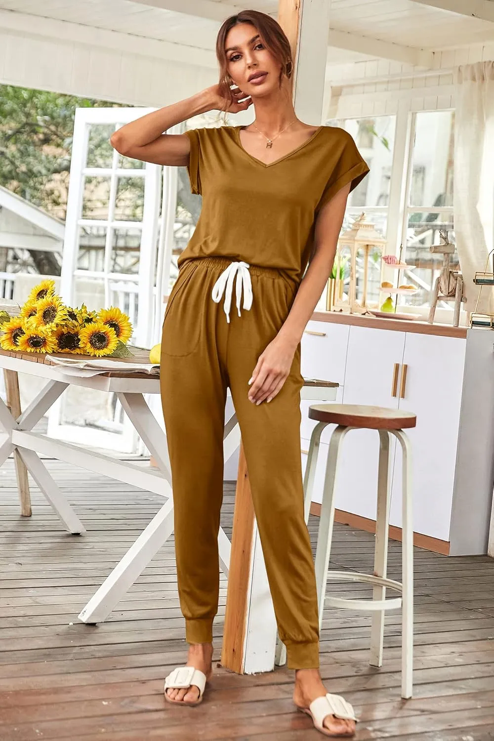 PRETTYGARDEN Women's Two Piece Tracksuit Casual Summer V Neck Short Sleeve Tops Drawstring Jogger Pants Lounge Outfit Sets