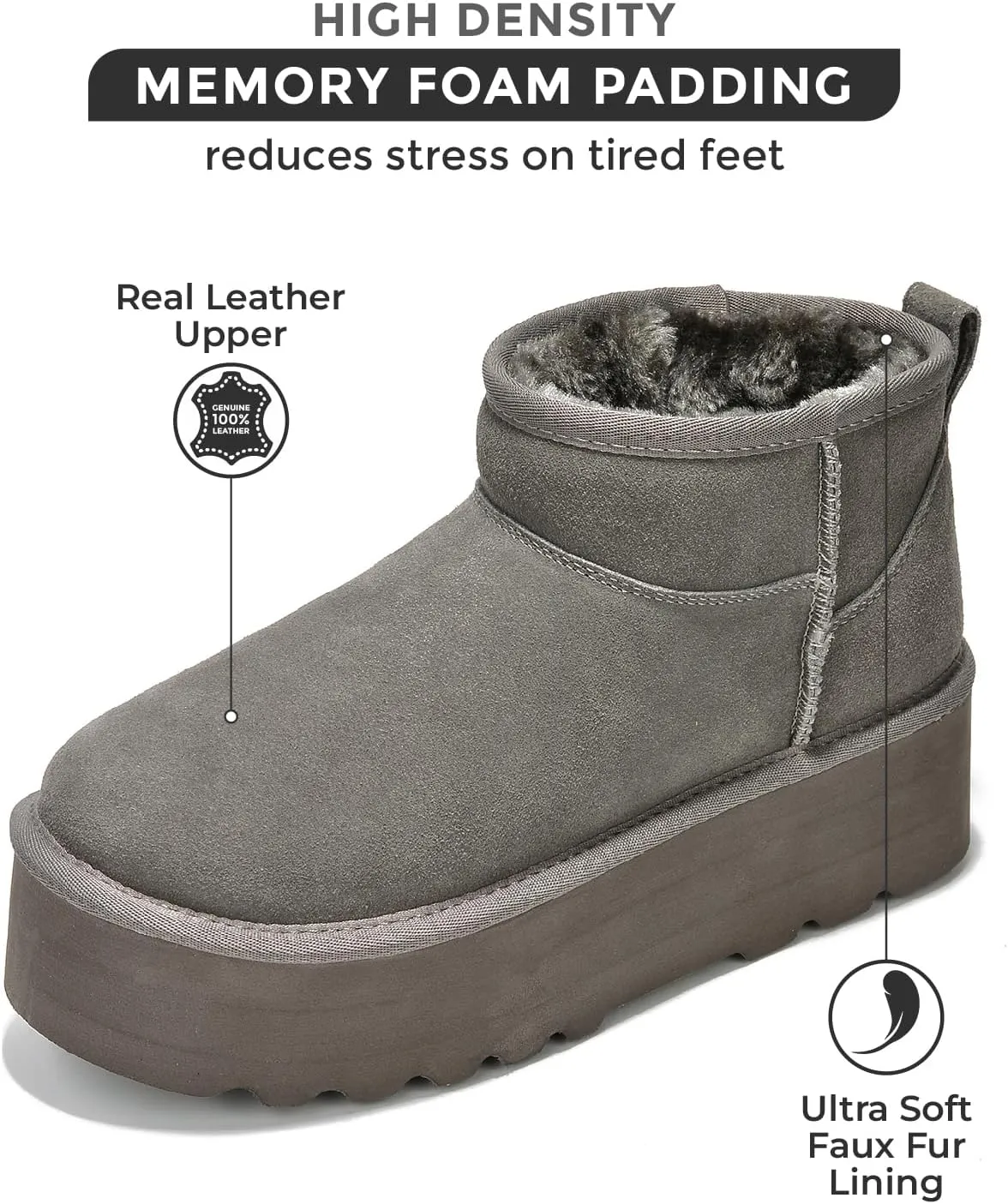 Project Cloud 100% Genuine Suede Leather Ankle Boots for Women - Fur Boots Memory Foam Insole Womens Boots - Anti-Slip Mini Platform Boots - Lightweight Winter Boots for Women - Snow Boots (Huggy)
