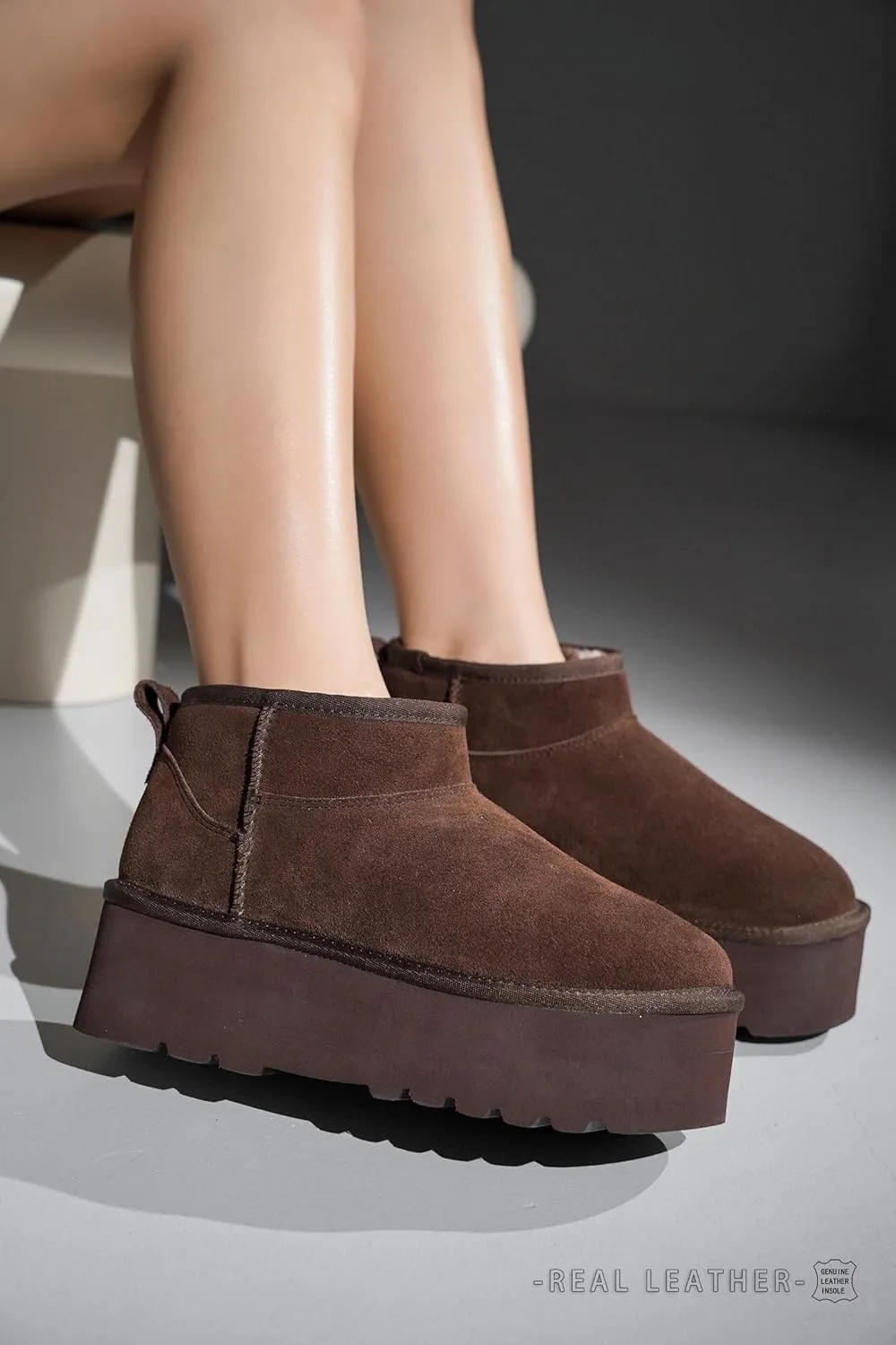 Project Cloud 100% Genuine Suede Leather Ankle Boots for Women - Fur Boots Memory Foam Insole Womens Boots - Anti-Slip Mini Platform Boots - Lightweight Winter Boots for Women - Snow Boots (Huggy)