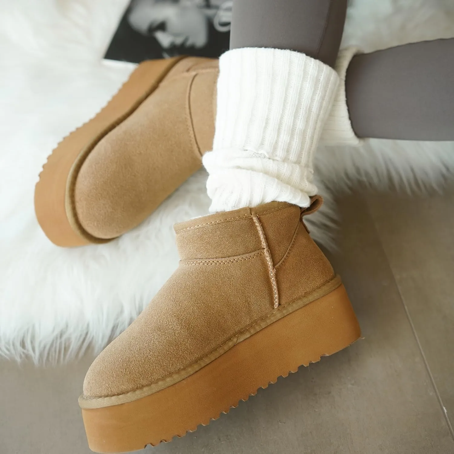 Project Cloud 100% Genuine Suede Leather Ankle Boots for Women - Fur Boots Memory Foam Insole Womens Boots - Anti-Slip Mini Platform Boots - Lightweight Winter Boots for Women - Snow Boots (Huggy)