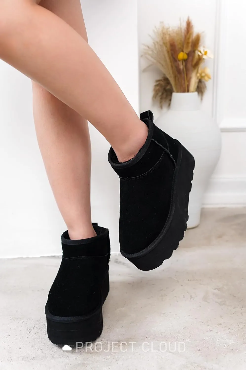 Project Cloud 100% Genuine Suede Leather Ankle Boots for Women - Fur Boots Memory Foam Insole Womens Boots - Anti-Slip Mini Platform Boots - Lightweight Winter Boots for Women - Snow Boots (Huggy)