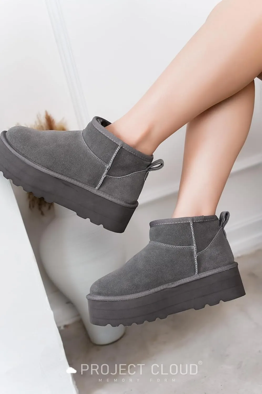 Project Cloud 100% Genuine Suede Leather Ankle Boots for Women - Fur Boots Memory Foam Insole Womens Boots - Anti-Slip Mini Platform Boots - Lightweight Winter Boots for Women - Snow Boots (Huggy)