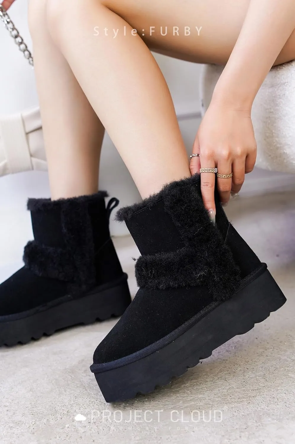 Project Cloud Women's Platform Boots - Premium Genuine Suede Decorated Wool Collar Snow Boots with Memory Foam Insole - Water Resistant Ankle Boots for Women - Indoor & Outdoor (Furby)