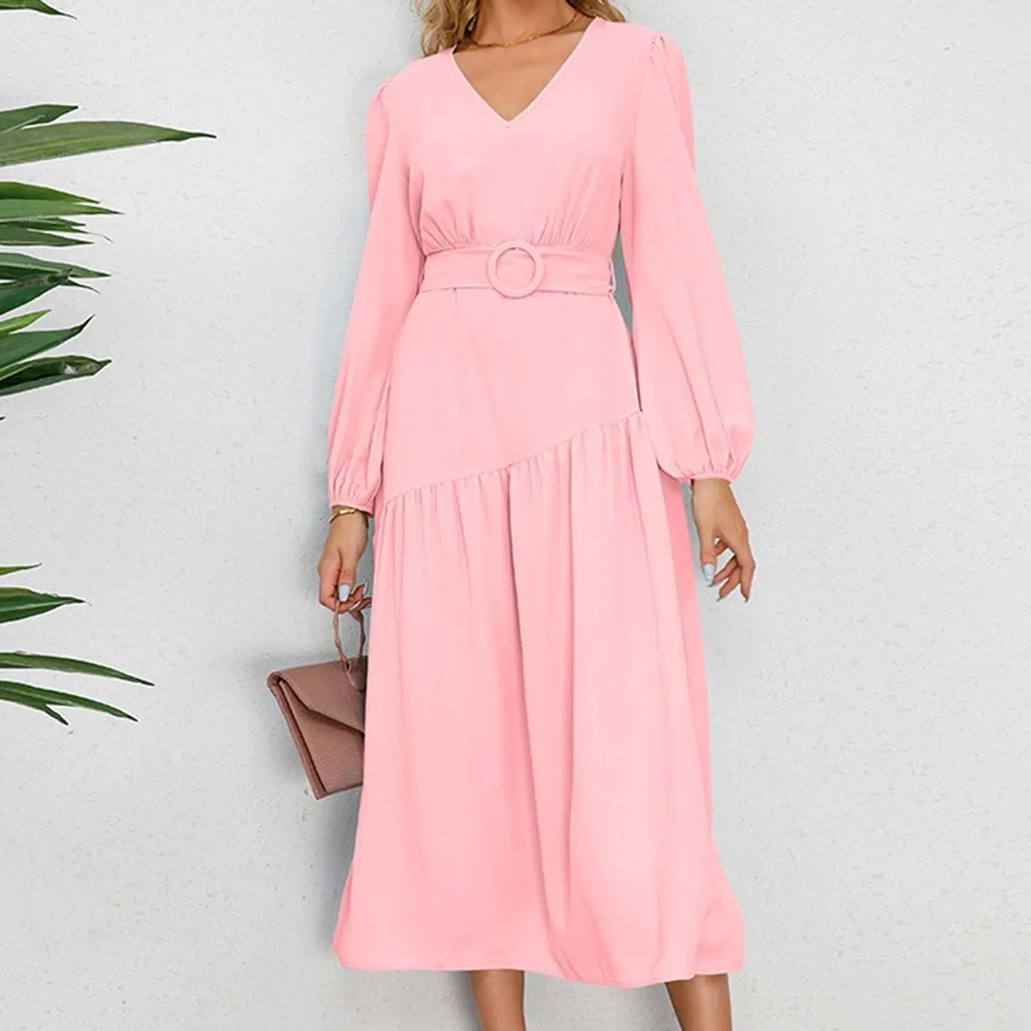 Prom Dresses for Women 2024 Elegant Long Sleeve V Neck Plain Empire Waist Fashion Maxi Dress Semi Formal Party Dress