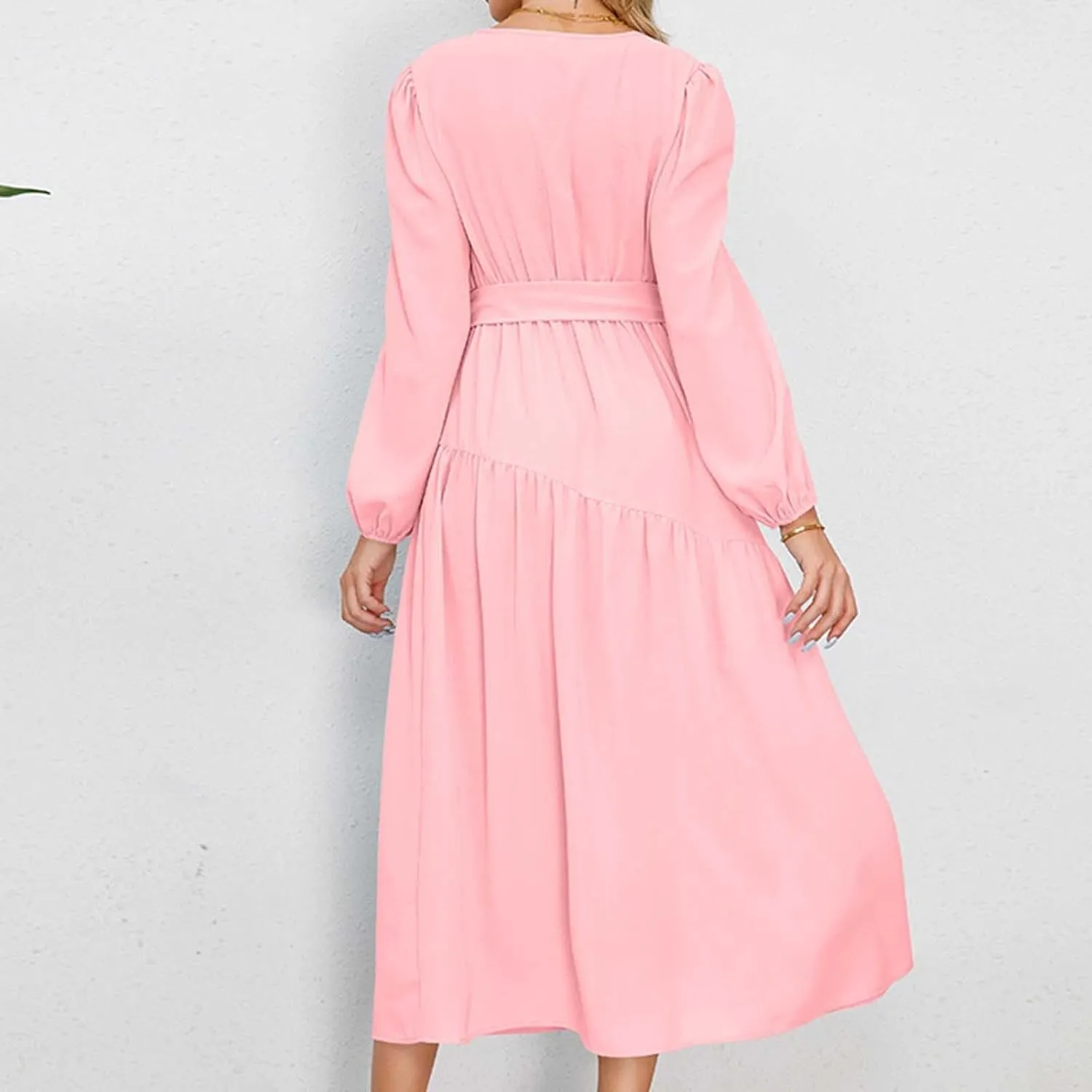 Prom Dresses for Women 2024 Elegant Long Sleeve V Neck Plain Empire Waist Fashion Maxi Dress Semi Formal Party Dress