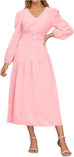 Prom Dresses for Women 2024 Elegant Long Sleeve V Neck Plain Empire Waist Fashion Maxi Dress Semi Formal Party Dress