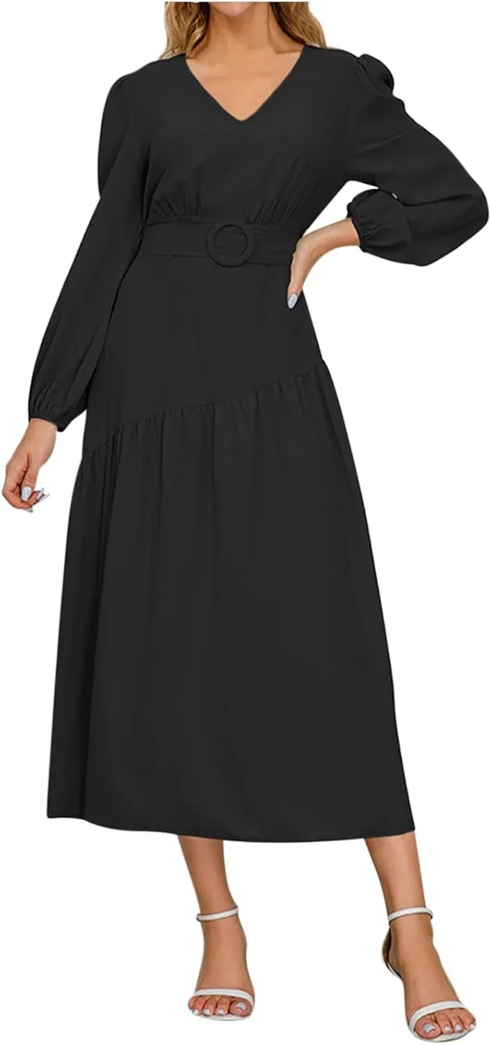Prom Dresses for Women 2024 Elegant Long Sleeve V Neck Plain Empire Waist Fashion Maxi Dress Semi Formal Party Dress