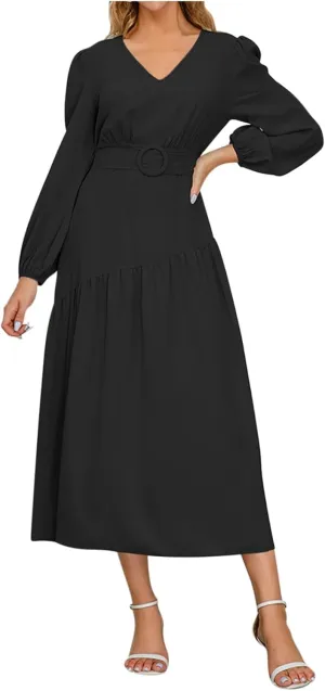 Prom Dresses for Women 2024 Elegant Long Sleeve V Neck Plain Empire Waist Fashion Maxi Dress Semi Formal Party Dress