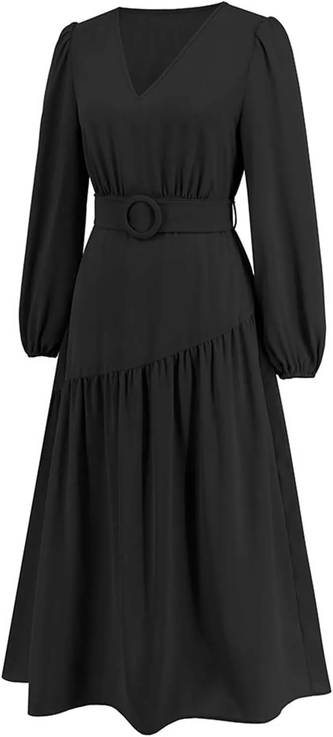 Prom Dresses for Women 2024 Elegant Long Sleeve V Neck Plain Empire Waist Fashion Maxi Dress Semi Formal Party Dress