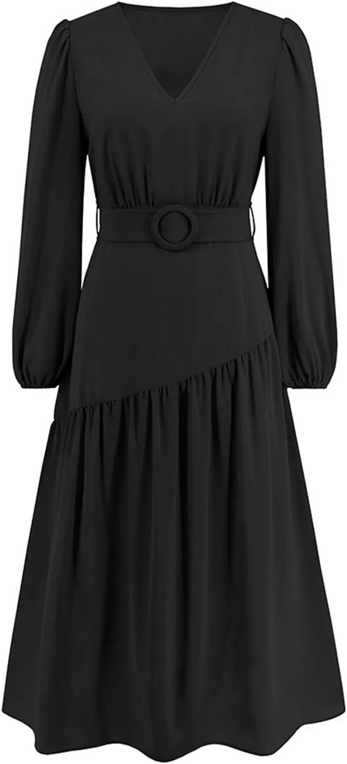 Prom Dresses for Women 2024 Elegant Long Sleeve V Neck Plain Empire Waist Fashion Maxi Dress Semi Formal Party Dress