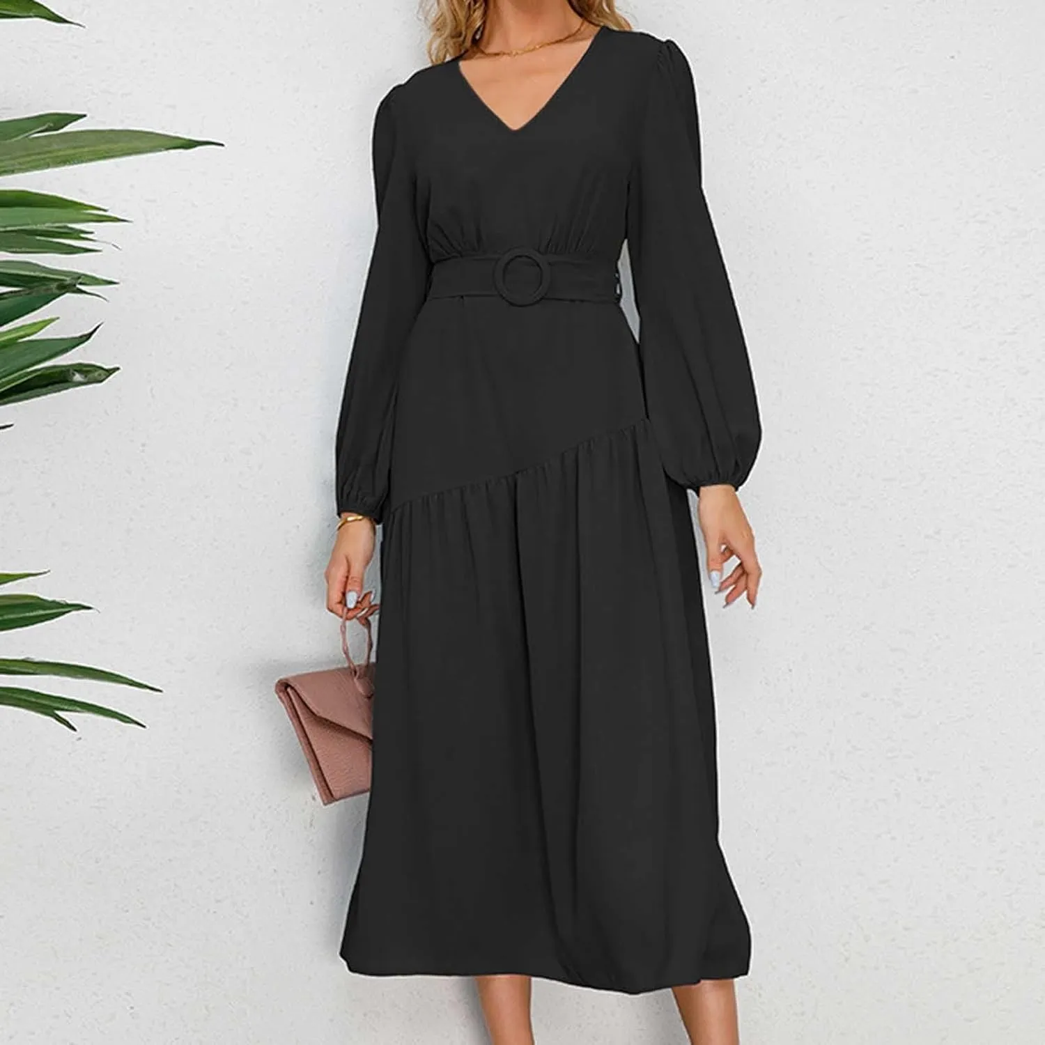 Prom Dresses for Women 2024 Elegant Long Sleeve V Neck Plain Empire Waist Fashion Maxi Dress Semi Formal Party Dress