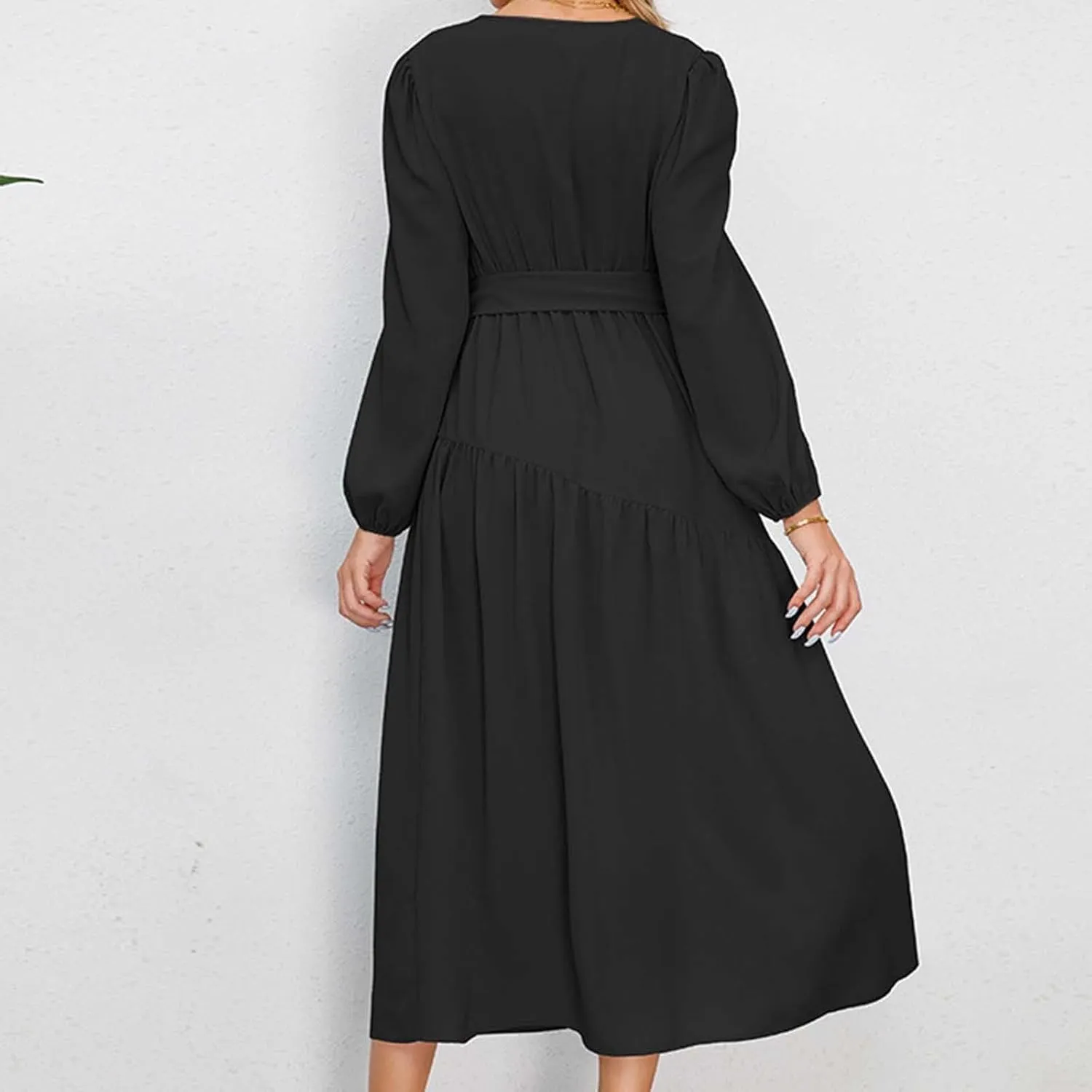 Prom Dresses for Women 2024 Elegant Long Sleeve V Neck Plain Empire Waist Fashion Maxi Dress Semi Formal Party Dress