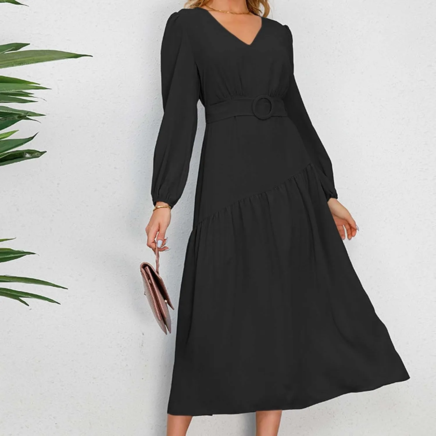 Prom Dresses for Women 2024 Elegant Long Sleeve V Neck Plain Empire Waist Fashion Maxi Dress Semi Formal Party Dress