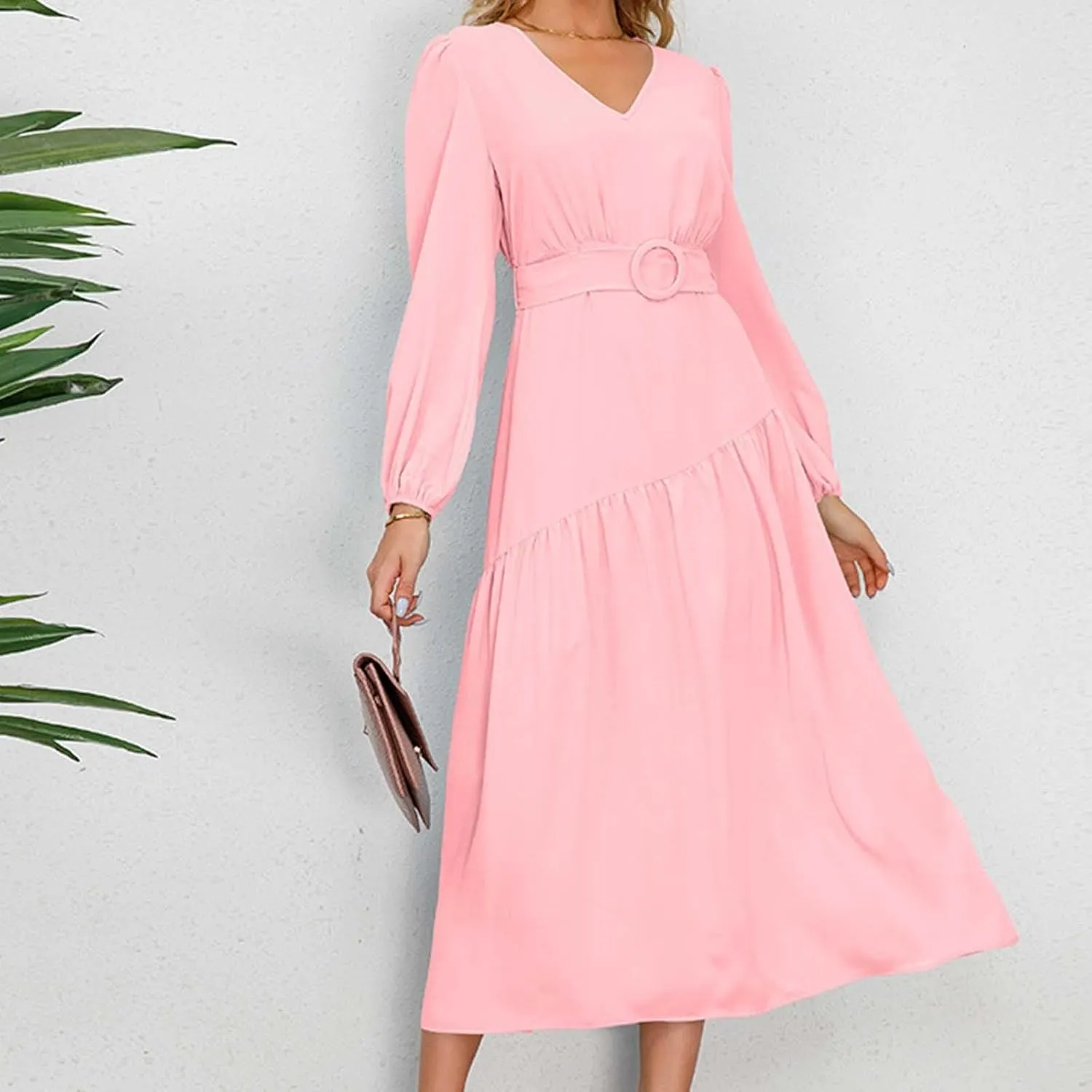 Prom Dresses for Women 2024 Elegant Long Sleeve V Neck Plain Empire Waist Fashion Maxi Dress Semi Formal Party Dress