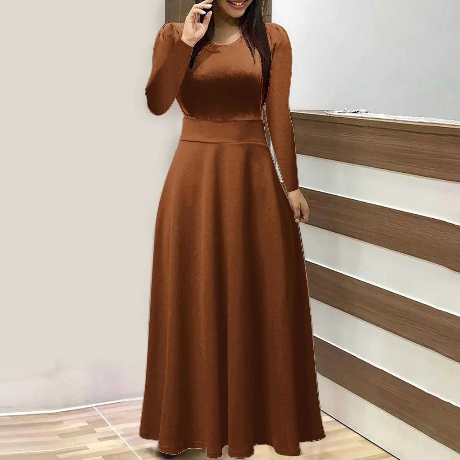 Prom Dresses for Women Plain Long Sleeve Ruffle Swing Dress Causal Elegant Elastic Waist Crewneck Fall Winter Dresses
