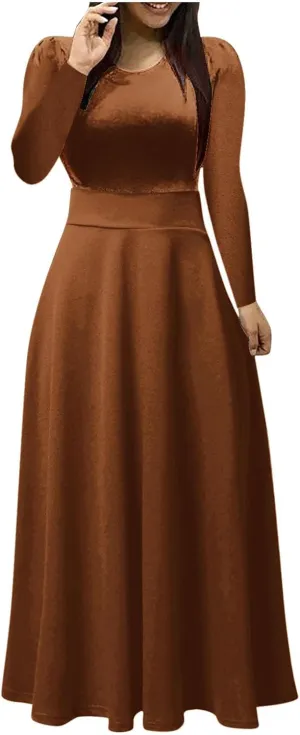 Prom Dresses for Women Plain Long Sleeve Ruffle Swing Dress Causal Elegant Elastic Waist Crewneck Fall Winter Dresses