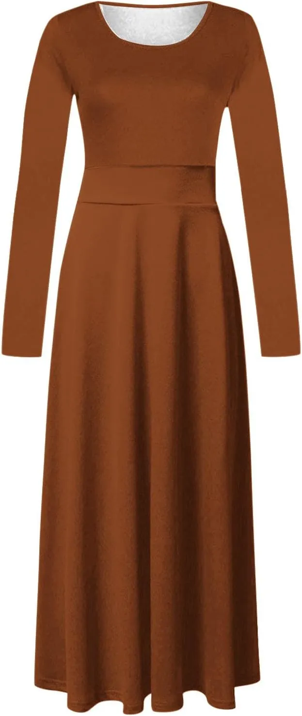 Prom Dresses for Women Plain Long Sleeve Ruffle Swing Dress Causal Elegant Elastic Waist Crewneck Fall Winter Dresses
