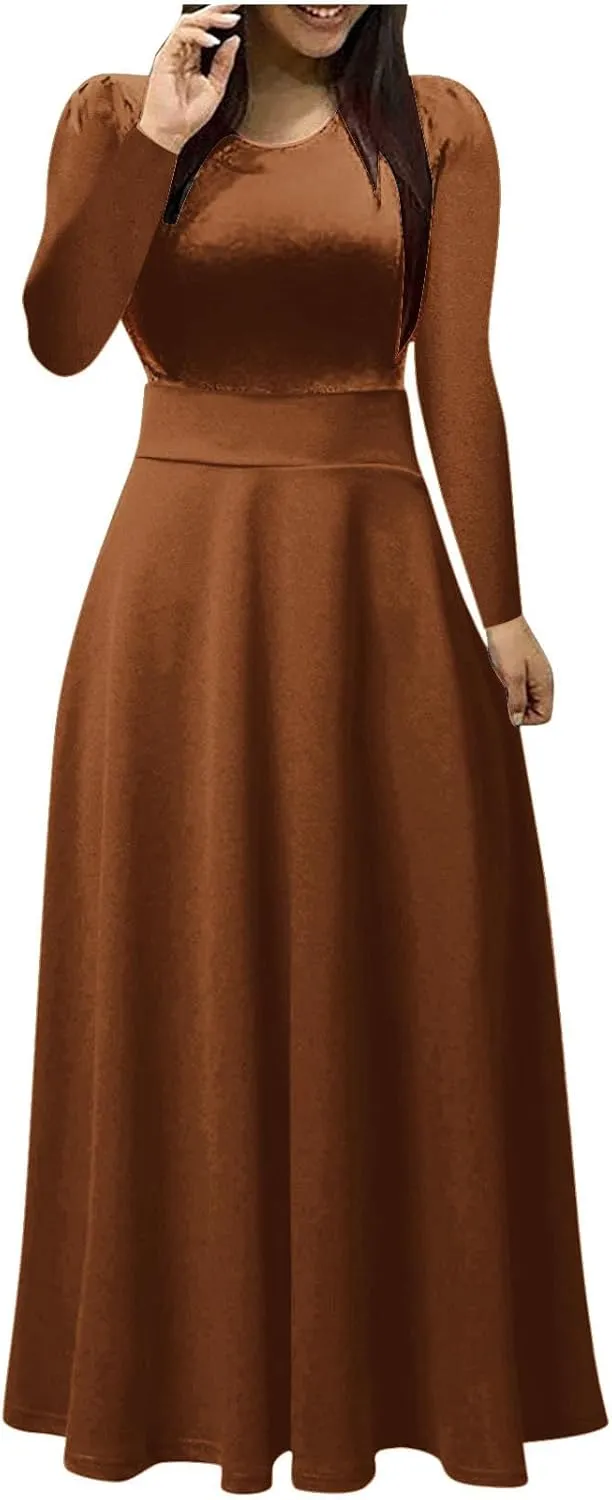 Prom Dresses for Women Plain Long Sleeve Ruffle Swing Dress Causal Elegant Elastic Waist Crewneck Fall Winter Dresses