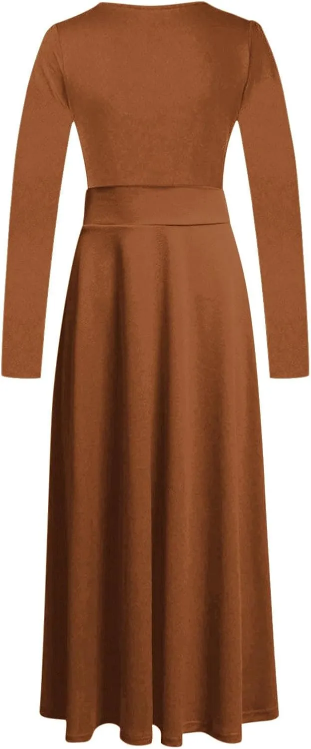 Prom Dresses for Women Plain Long Sleeve Ruffle Swing Dress Causal Elegant Elastic Waist Crewneck Fall Winter Dresses