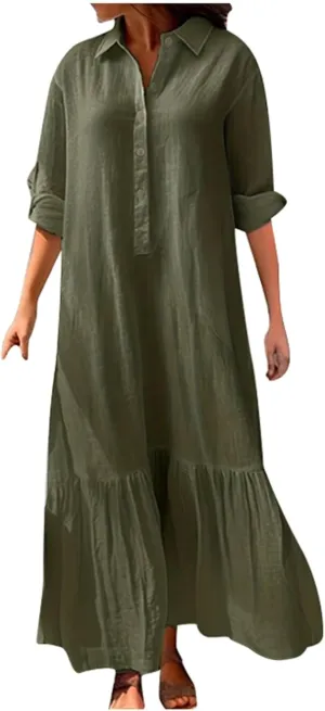 PTOLOCIF Womens Casual Long Dresses Solid V Neck 3/4 Sleeve Button Shirt Dress Plus Size Loose Maxi Dress Ruffle Comfy Dress