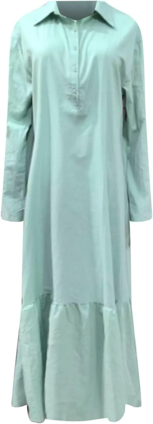 PTOLOCIF Womens Casual Long Dresses Solid V Neck 3/4 Sleeve Button Shirt Dress Plus Size Loose Maxi Dress Ruffle Comfy Dress