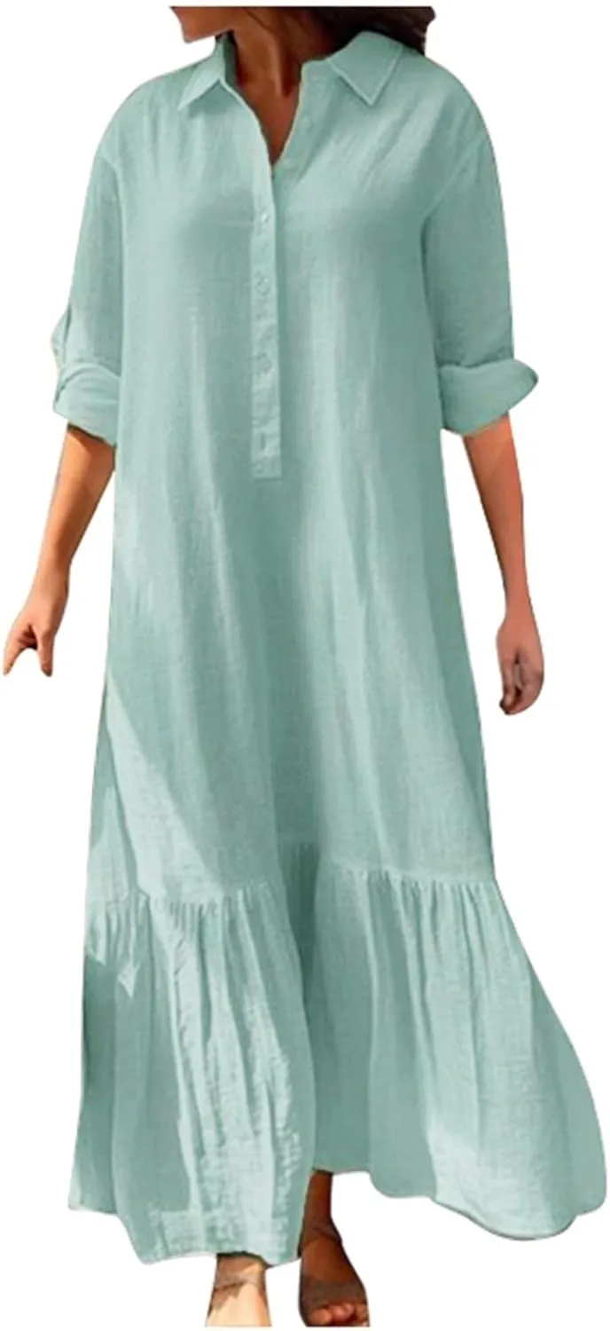PTOLOCIF Womens Casual Long Dresses Solid V Neck 3/4 Sleeve Button Shirt Dress Plus Size Loose Maxi Dress Ruffle Comfy Dress