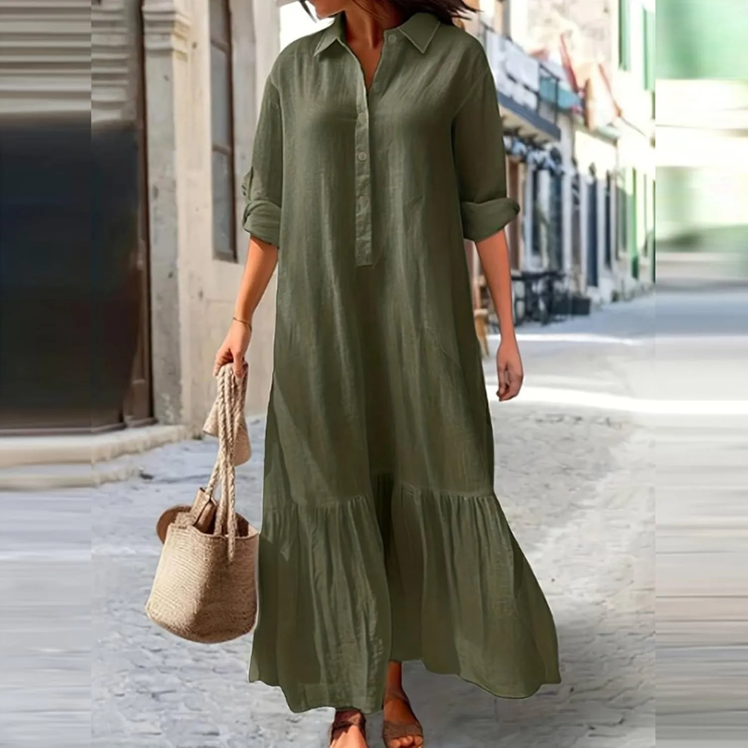 PTOLOCIF Womens Casual Long Dresses Solid V Neck 3/4 Sleeve Button Shirt Dress Plus Size Loose Maxi Dress Ruffle Comfy Dress
