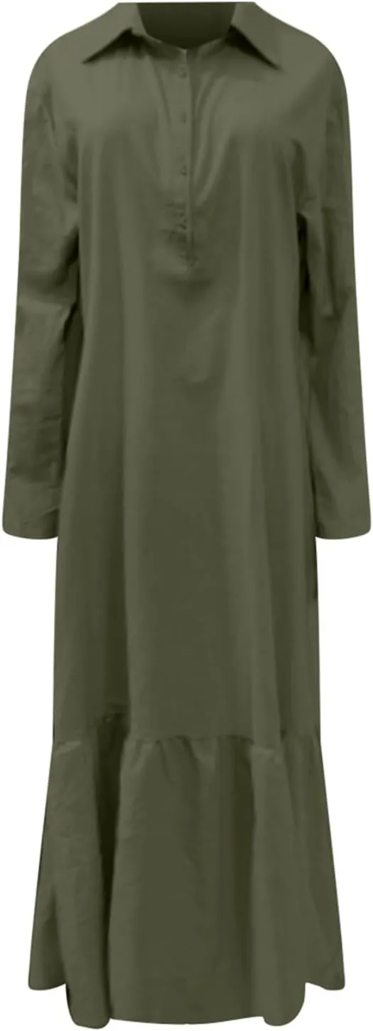 PTOLOCIF Womens Casual Long Dresses Solid V Neck 3/4 Sleeve Button Shirt Dress Plus Size Loose Maxi Dress Ruffle Comfy Dress