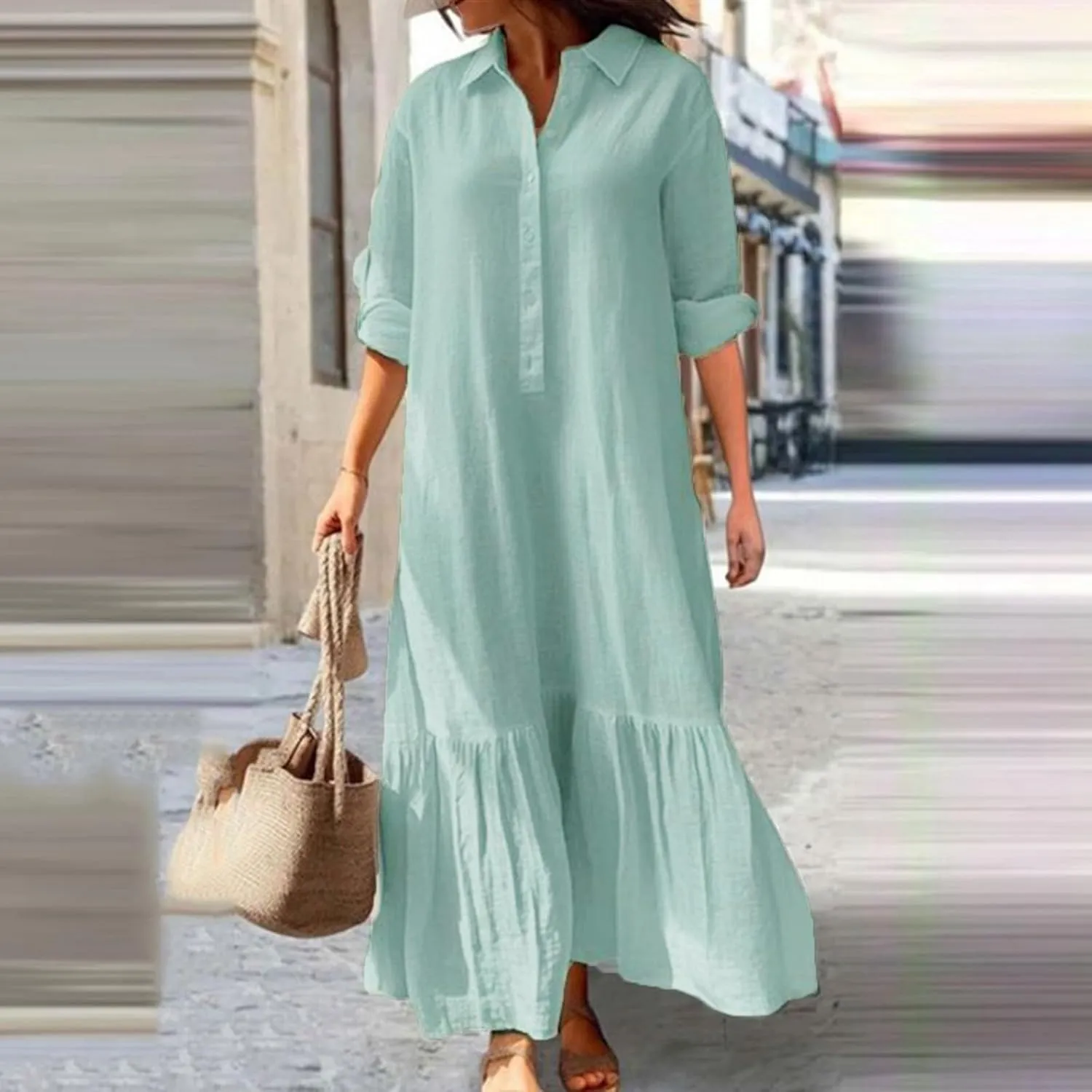 PTOLOCIF Womens Casual Long Dresses Solid V Neck 3/4 Sleeve Button Shirt Dress Plus Size Loose Maxi Dress Ruffle Comfy Dress