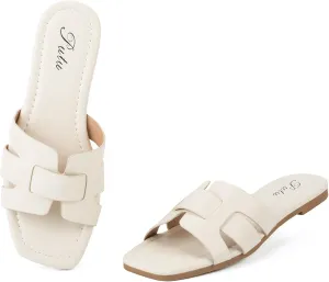 Putu Women's Flat Sandals Dressy Summer Sandals Strappy Slides with Square Open Toe