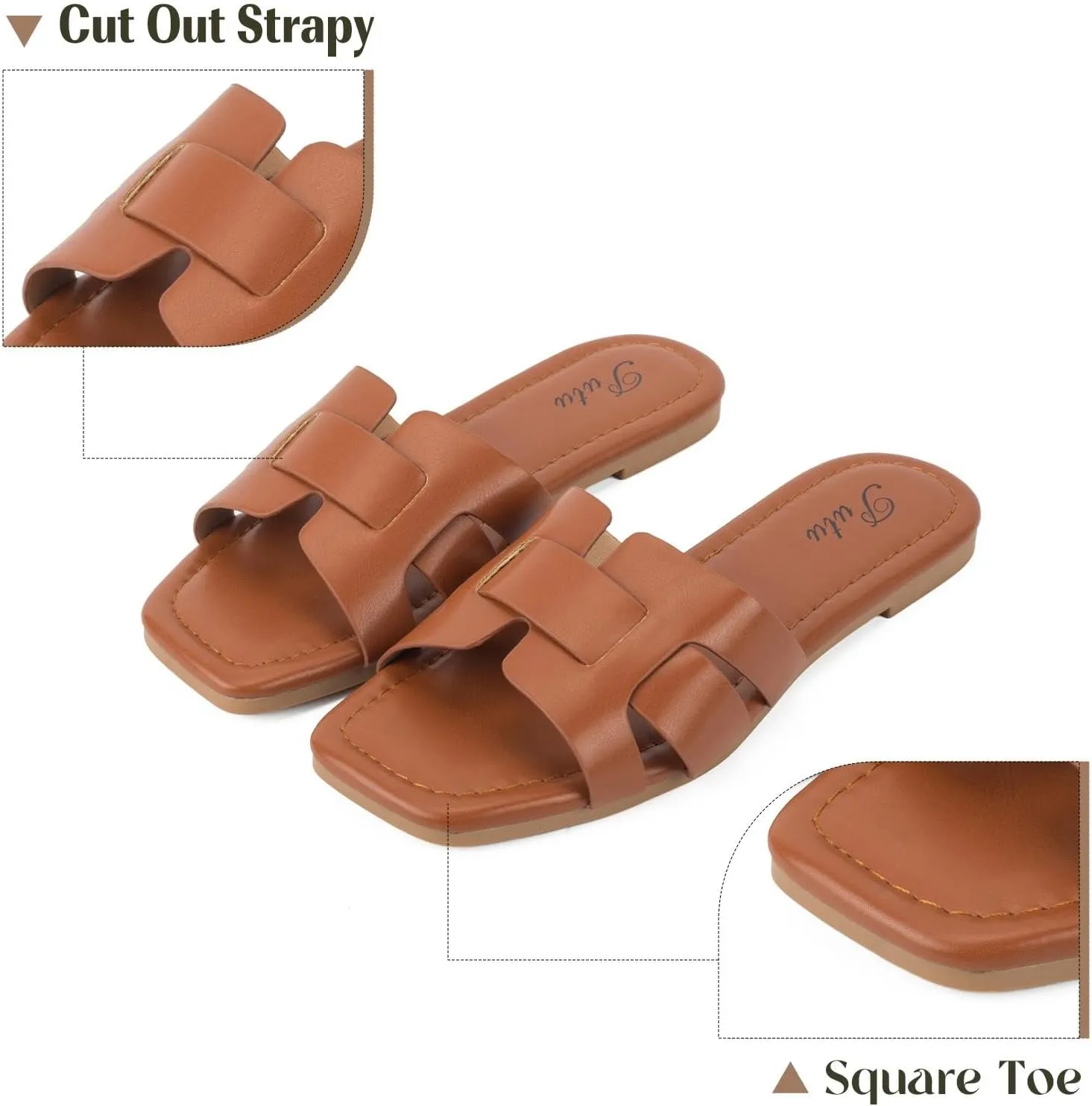 Putu Women's Flat Sandals Dressy Summer Sandals Strappy Slides with Square Open Toe