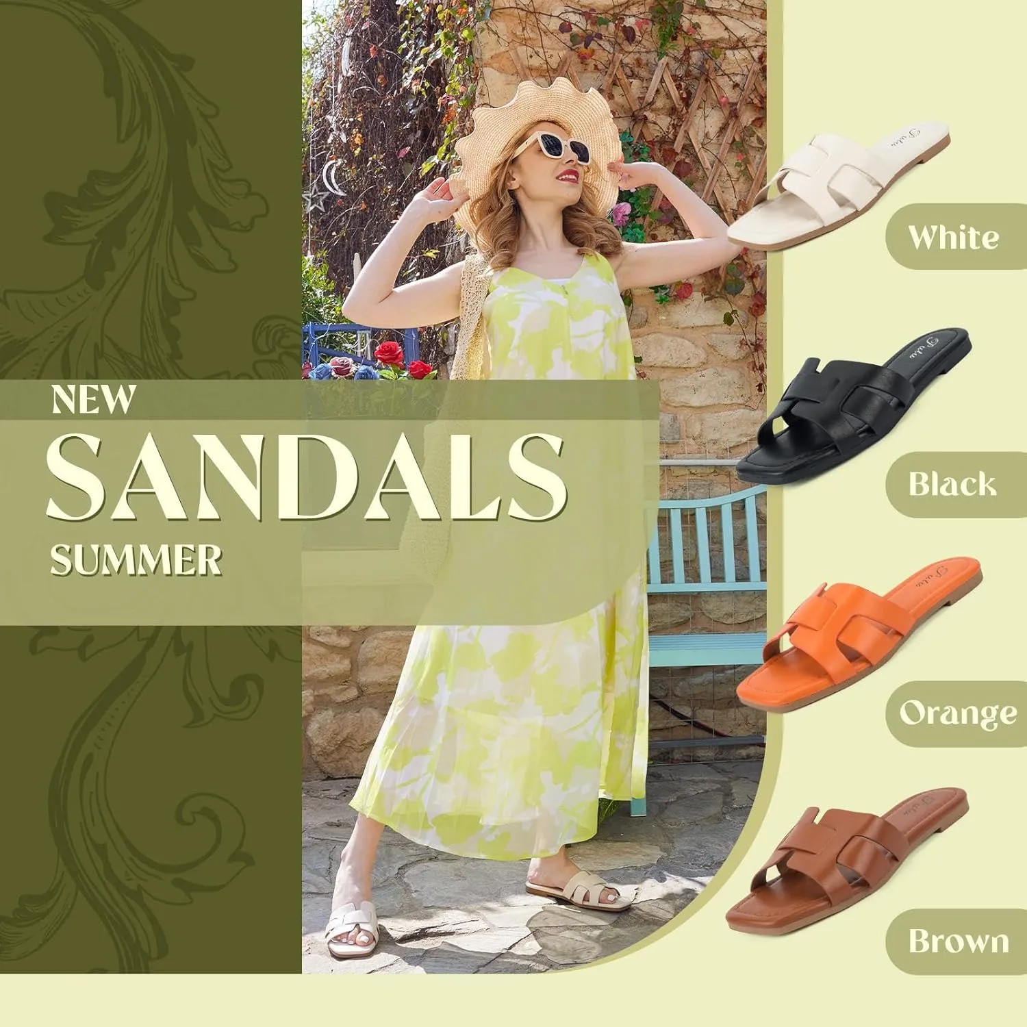 Putu Women's Flat Sandals Dressy Summer Sandals Strappy Slides with Square Open Toe