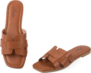 Putu Women's Flat Sandals Dressy Summer Sandals Strappy Slides with Square Open Toe