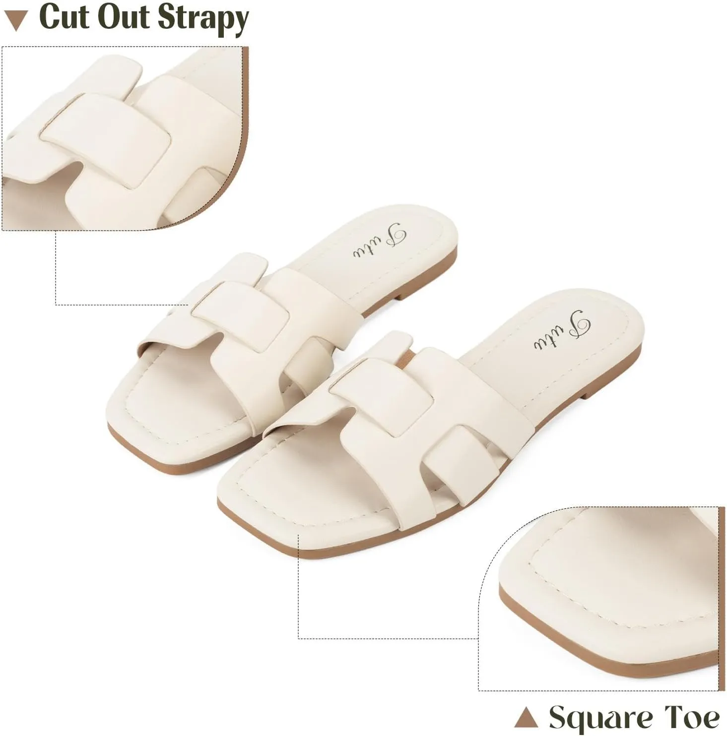 Putu Women's Flat Sandals Dressy Summer Sandals Strappy Slides with Square Open Toe