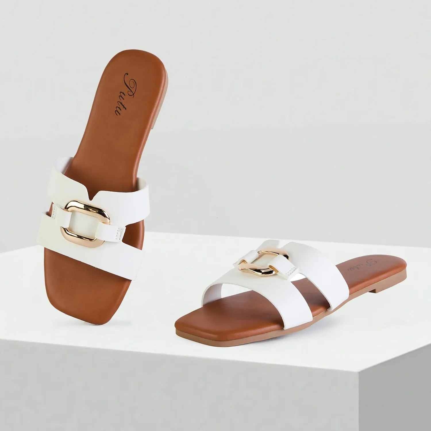 Putu Women's Flat Sandals Square Open Toe Slide Sandals Casual Summer Sandals with Metallic Buckle