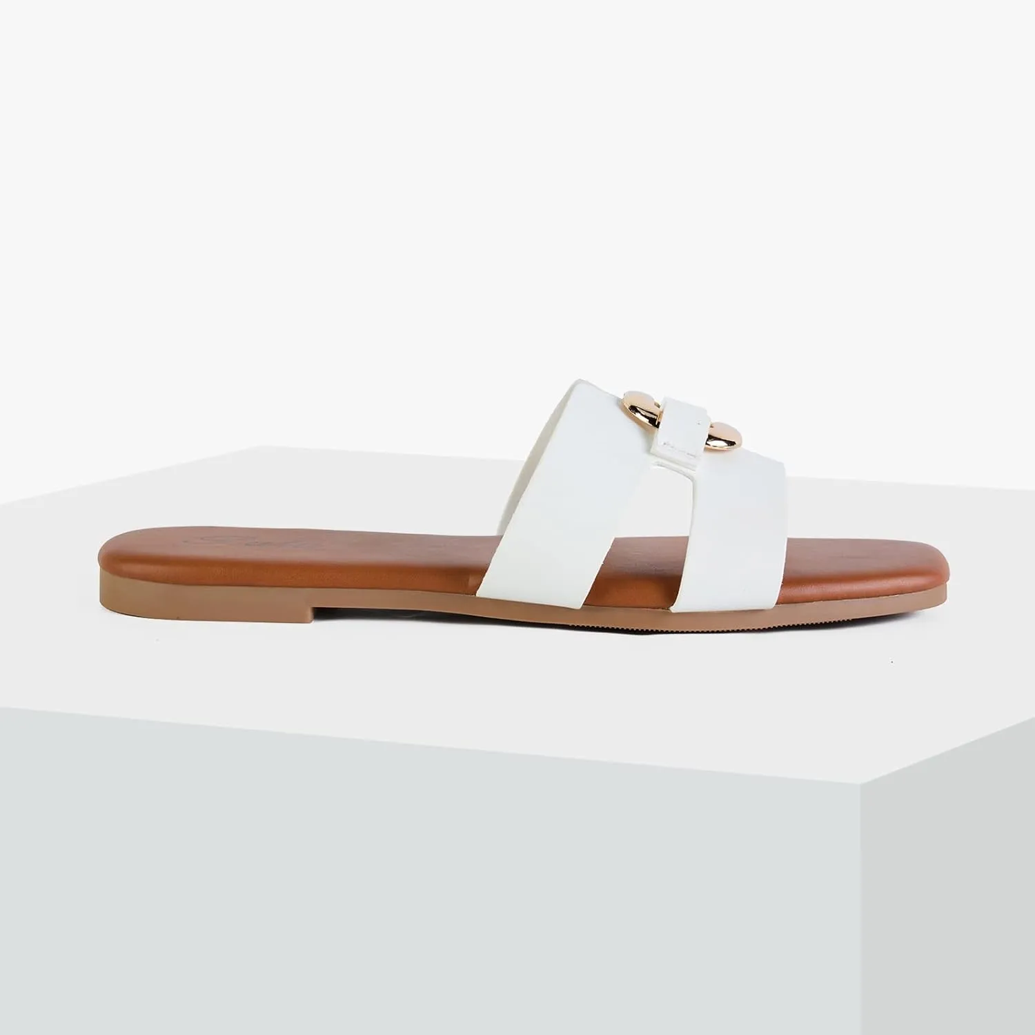 Putu Women's Flat Sandals Square Open Toe Slide Sandals Casual Summer Sandals with Metallic Buckle