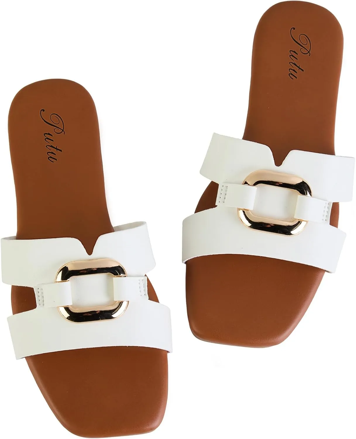 Putu Women's Flat Sandals Square Open Toe Slide Sandals Casual Summer Sandals with Metallic Buckle