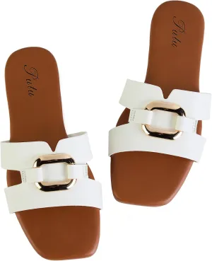 Putu Women's Flat Sandals Square Open Toe Slide Sandals Casual Summer Sandals with Metallic Buckle