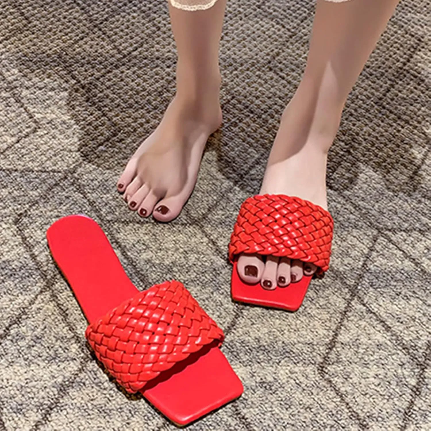QMFUR Women Square Toe Flat Sandals Woven Leather Slippers Beach slides